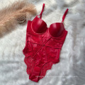 French Motorcycle Suit Sexy Leather Gathered Bra Underwear Women's Breathable One-Piece With Steel Ring Shaping Ladies